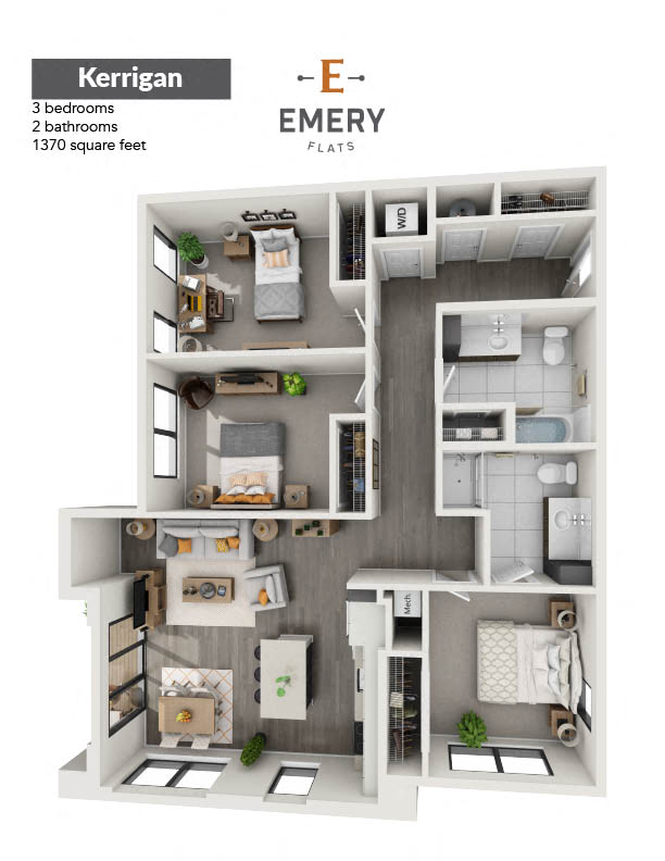 Floor plan for 3 beds, 2 baths, 1370 sqft